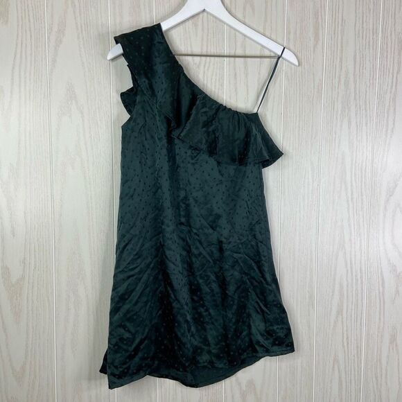 Madewell One-Shoulder Dress Green 100% Silk Green Polka-Dot Size 2 - Picture 5 of 7